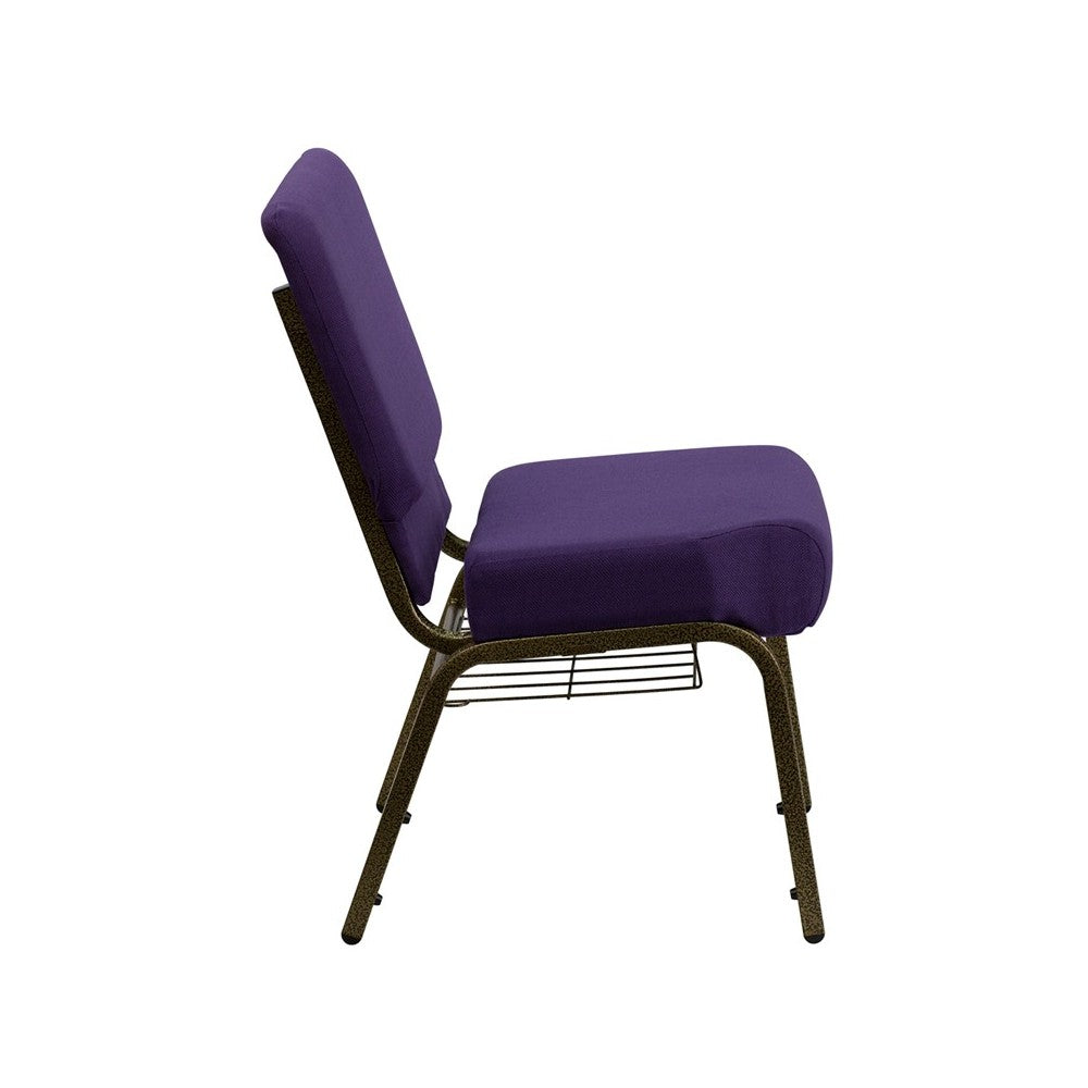 21''W Church Chair in Royal Purple Fabric with Cup Book Rack - Gold Vein Frame