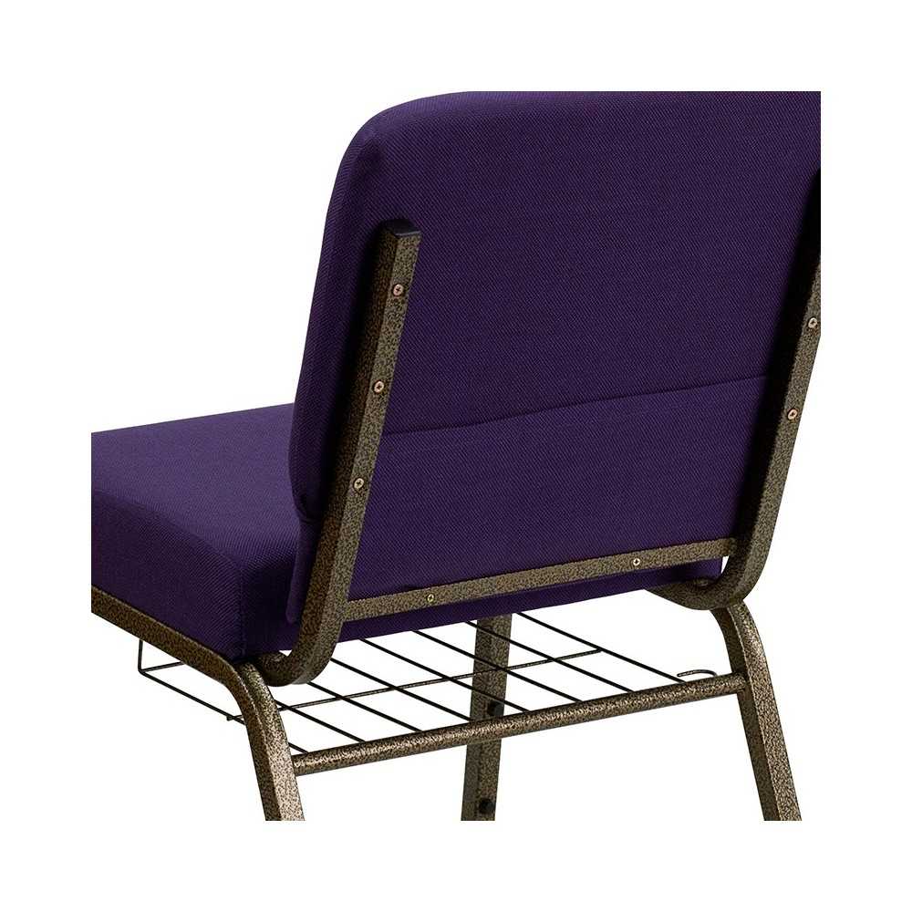21''W Church Chair in Royal Purple Fabric with Cup Book Rack - Gold Vein Frame