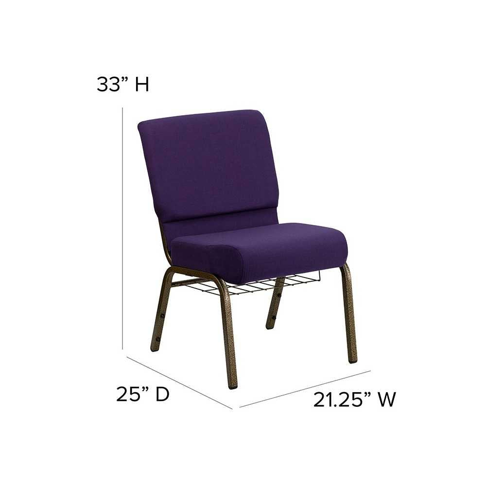 21''W Church Chair in Royal Purple Fabric with Cup Book Rack - Gold Vein Frame