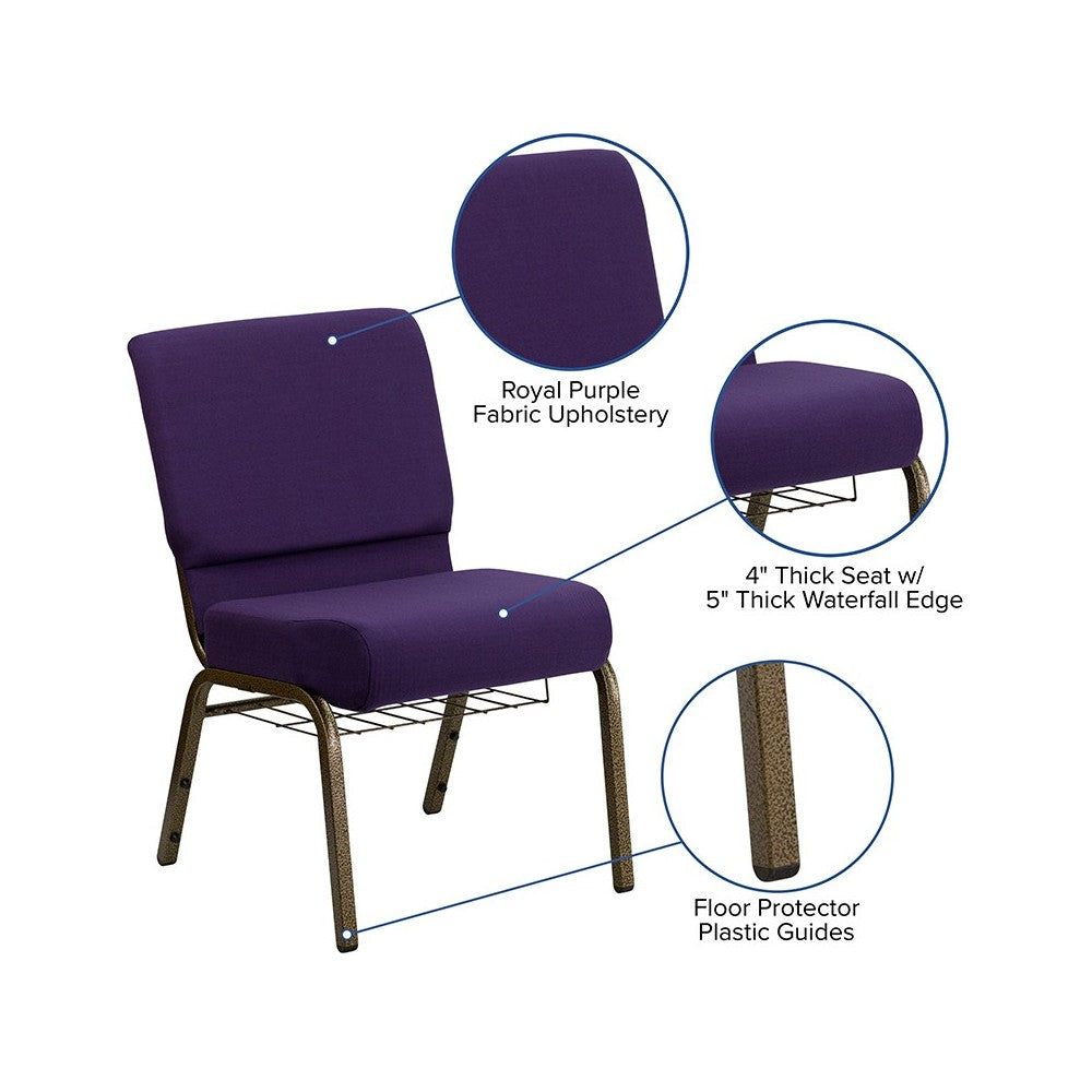 21''W Church Chair in Royal Purple Fabric with Cup Book Rack - Gold Vein Frame