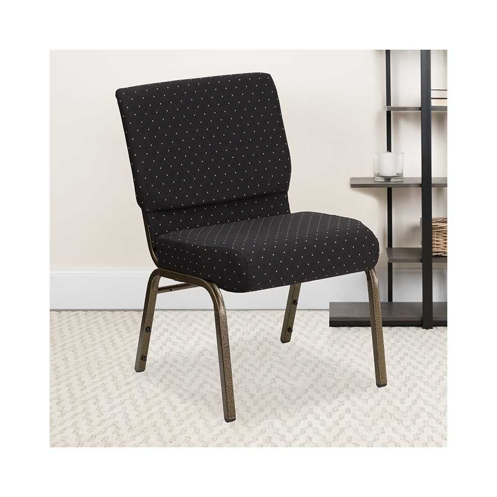 21''W Stacking Church Chair in Black Dot Patterned Fabric - Gold Vein Frame