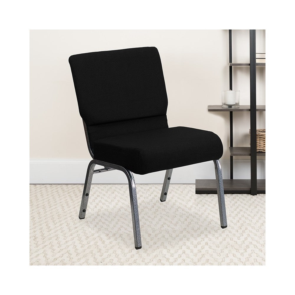 21''W Stacking Church Chair in Black Fabric - Silver Vein Frame