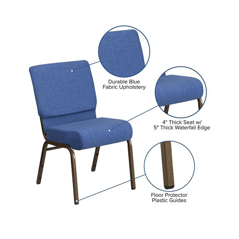 21''W Stacking Church Chair in Blue Fabric - Gold Vein Frame