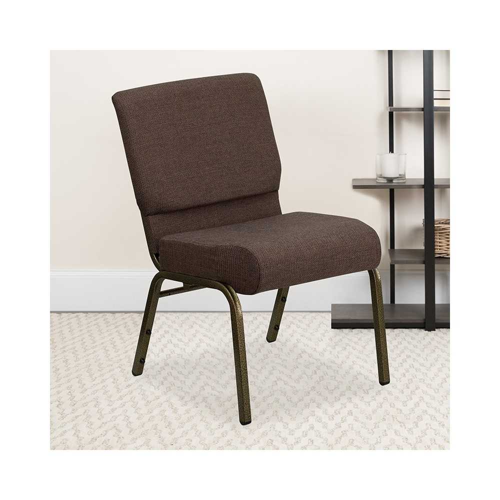 21''W Stacking Church Chair in Brown Fabric - Gold Vein Frame