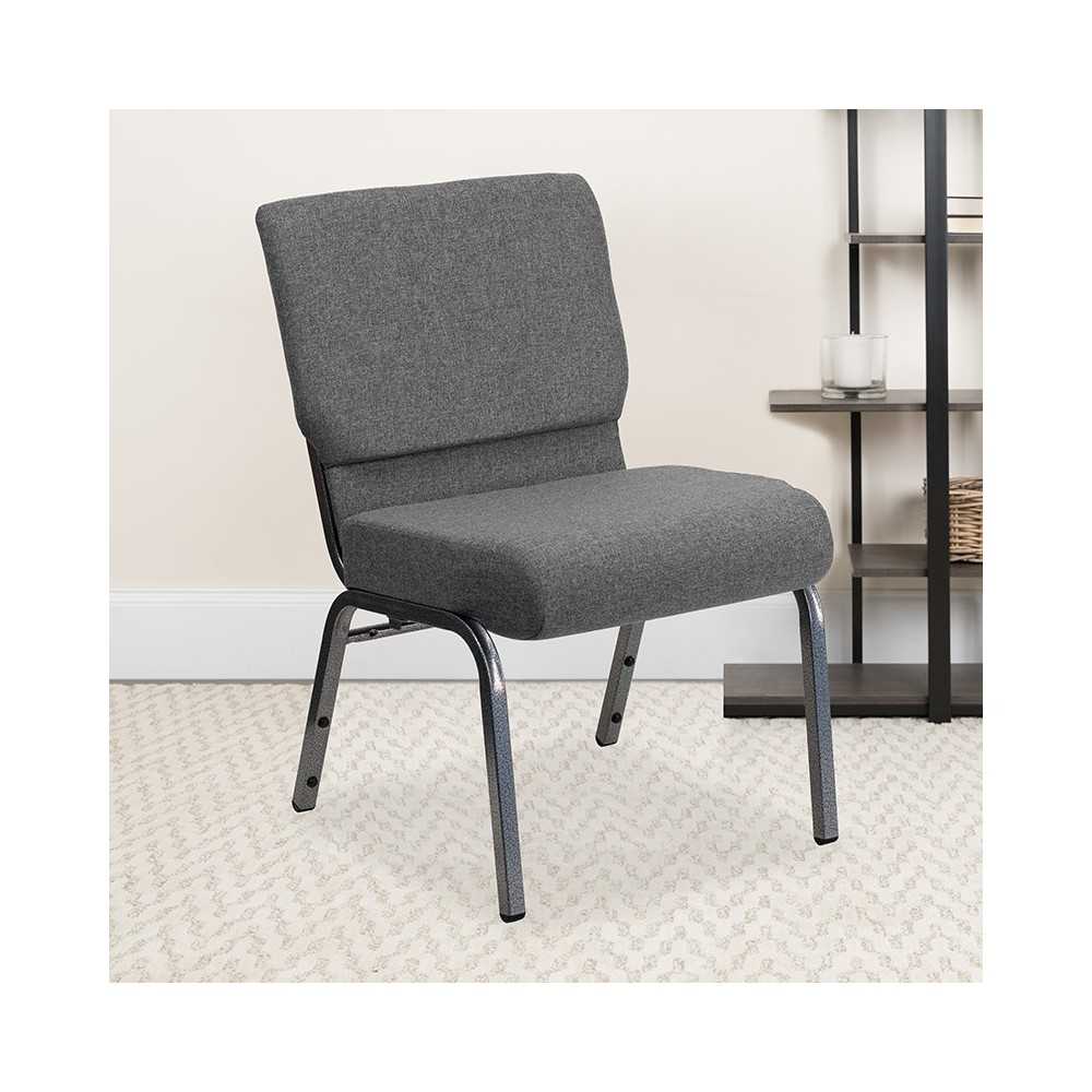 21''W Stacking Church Chair in Gray Fabric - Silver Vein Frame