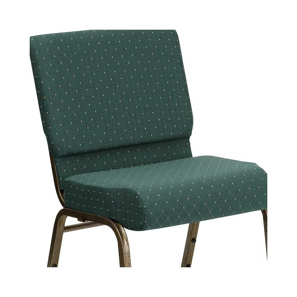 21''W Stacking Church Chair in Hunter Green Dot Patterned Fabric - Gold Vein Frame