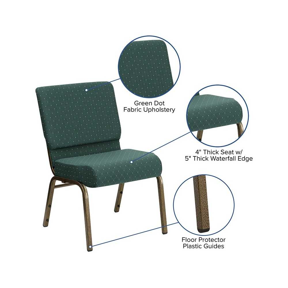 21''W Stacking Church Chair in Hunter Green Dot Patterned Fabric - Gold Vein Frame