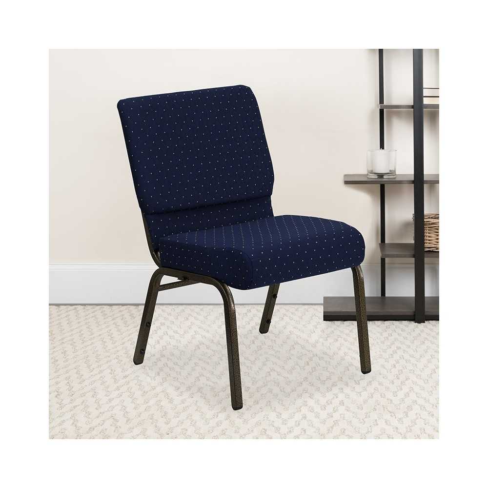 21''W Stacking Church Chair in Navy Blue Dot Patterned Fabric - Gold Vein Frame