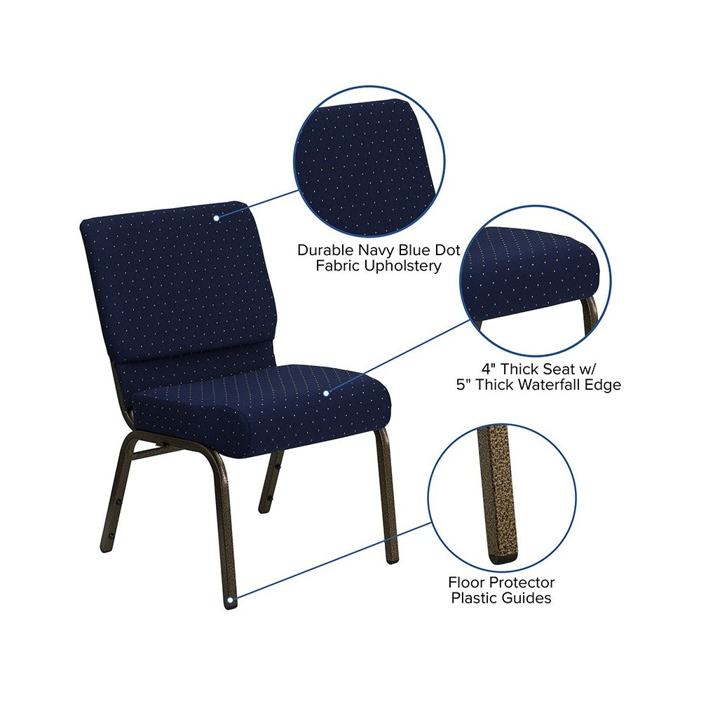 21''W Stacking Church Chair in Navy Blue Dot Patterned Fabric - Gold Vein Frame