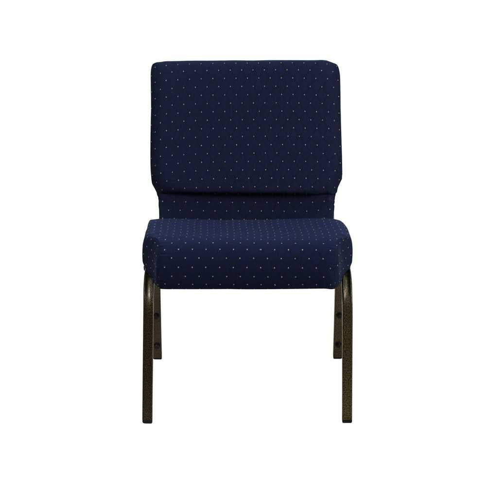 21''W Stacking Church Chair in Navy Blue Dot Patterned Fabric - Gold Vein Frame