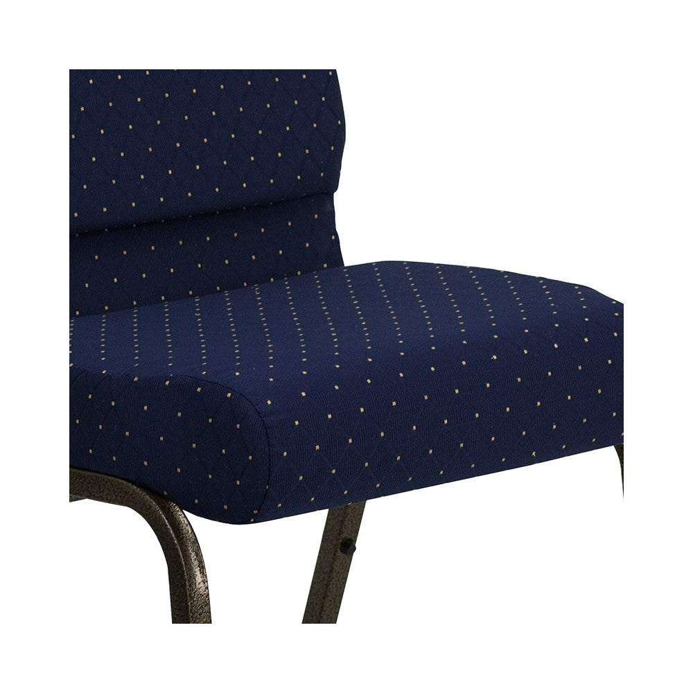 21''W Stacking Church Chair in Navy Blue Dot Patterned Fabric - Gold Vein Frame