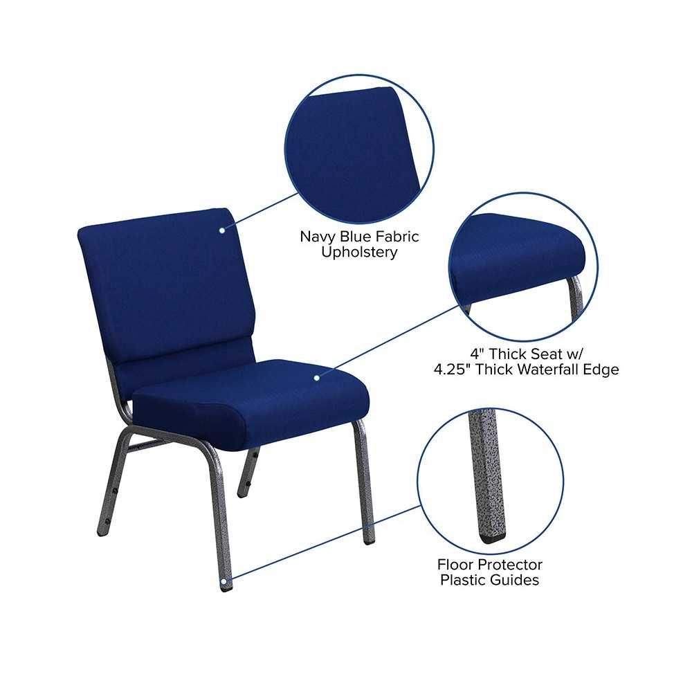21''W Stacking Church Chair in Navy Blue Fabric - Silver Vein Frame