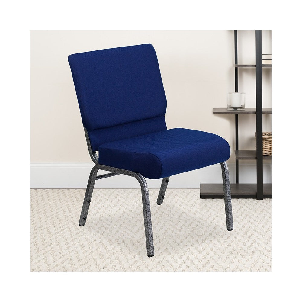 21''W Stacking Church Chair in Navy Blue Fabric - Silver Vein Frame