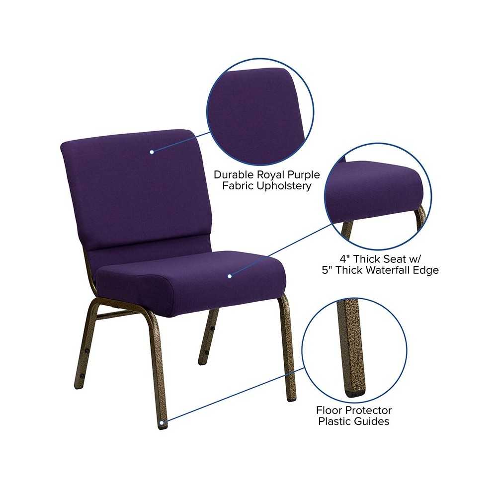 21''W Stacking Church Chair in Royal Purple Fabric - Gold Vein Frame