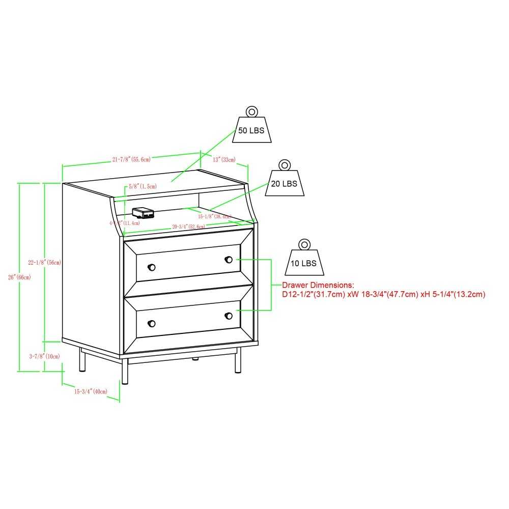 22" Curved Open Top 2 Drawer Nightstand with USB - Birch