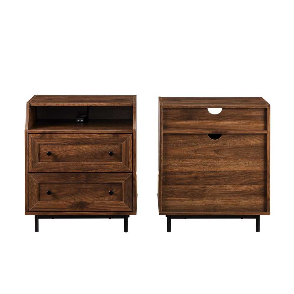 22" Curved Open Top 2 Drawer Nightstand with USB - Dark Walnut