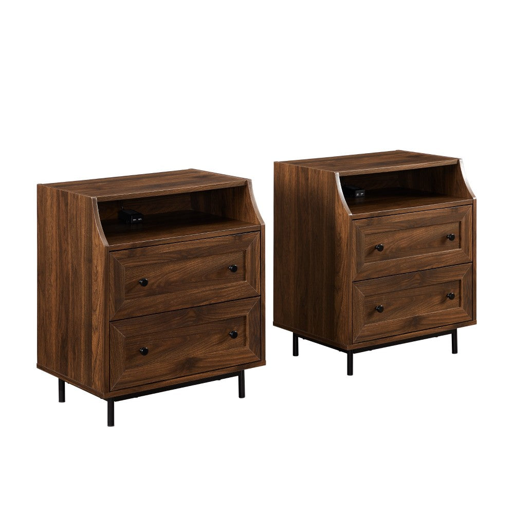 22" Curved Open Top 2 Drawer Nightstand with USB - Dark Walnut