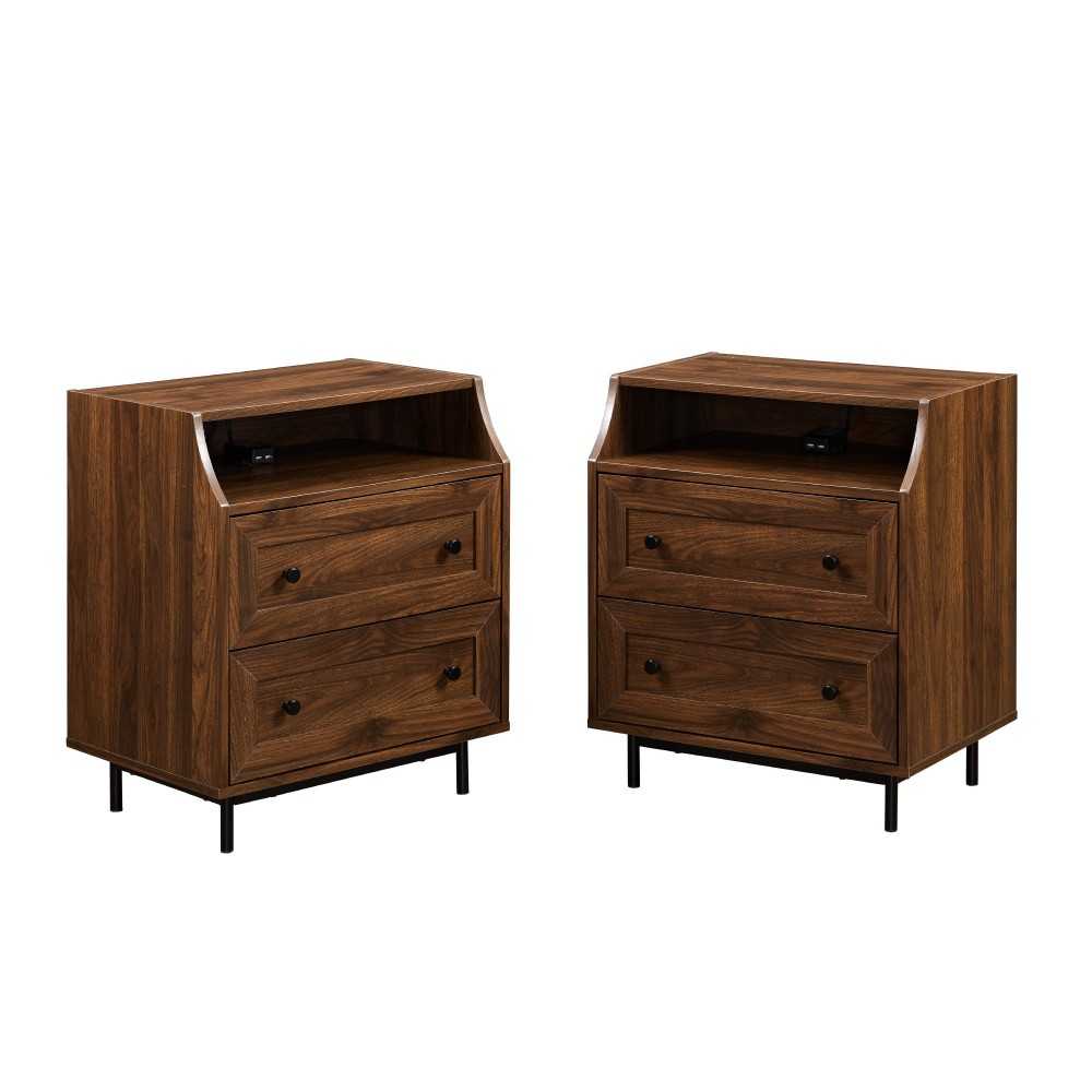 22" Curved Open Top 2 Drawer Nightstand with USB - Dark Walnut