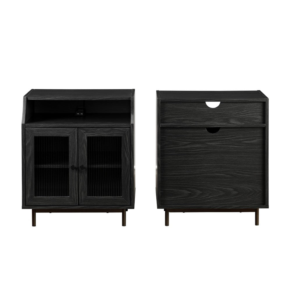 22" Fluted Glass 2 Door Nightstand with USB - Graphite