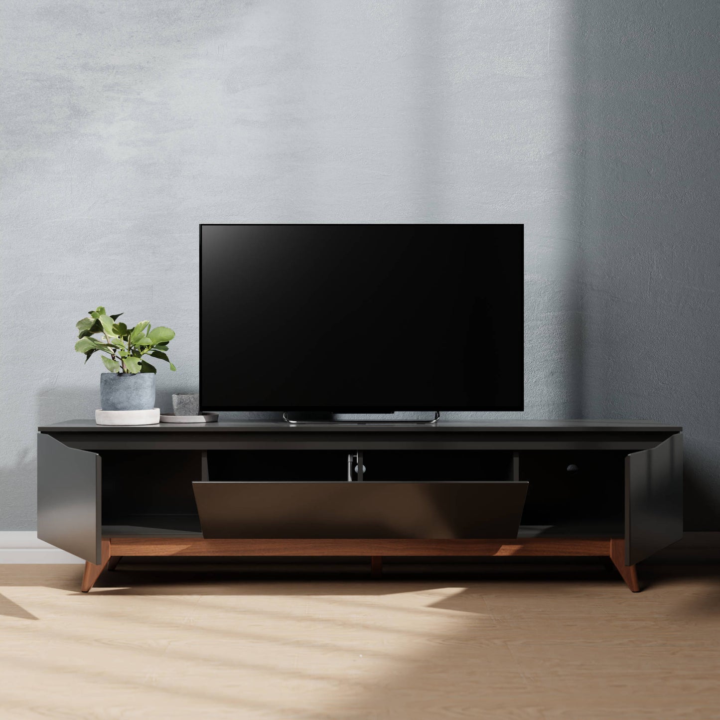 Salle 72.63" TV Stand with Solid Wood Legs in Black Pro Touch