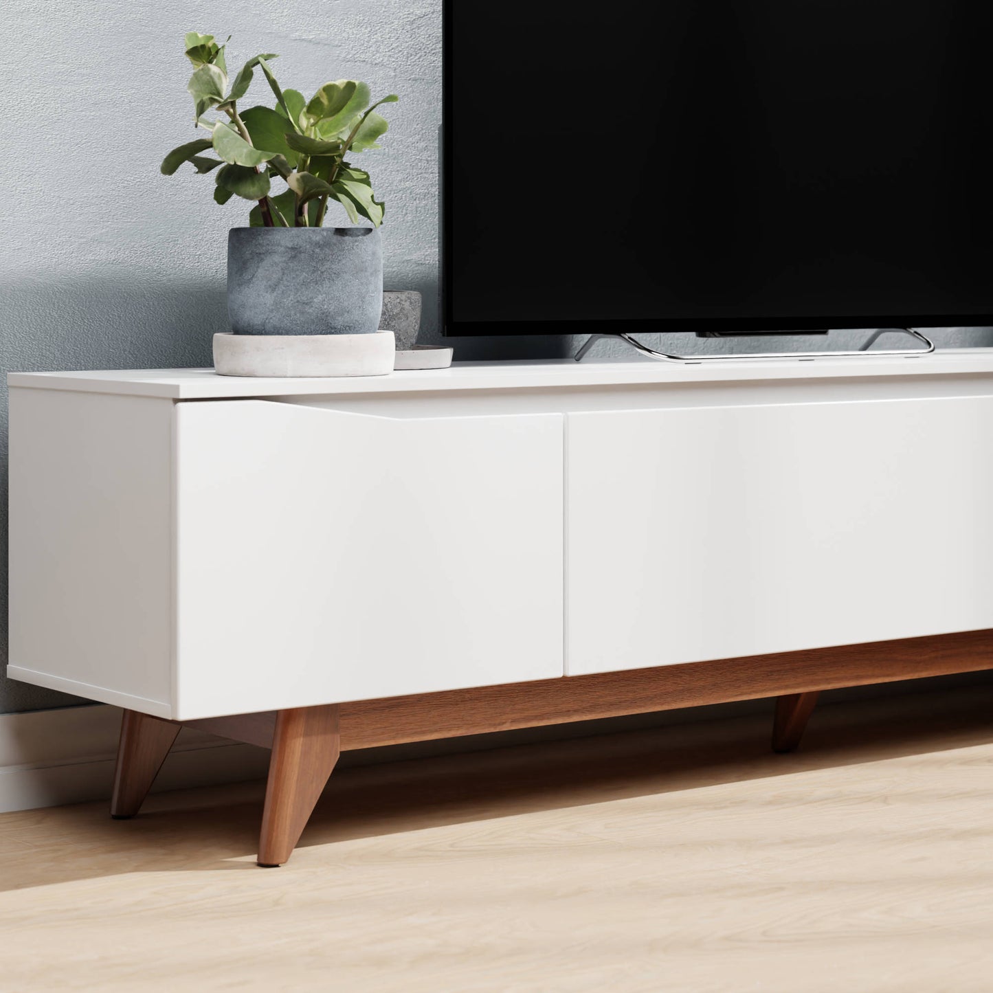 Salle 72.63" TV Stand with Solid Wood Legs in White Gloss