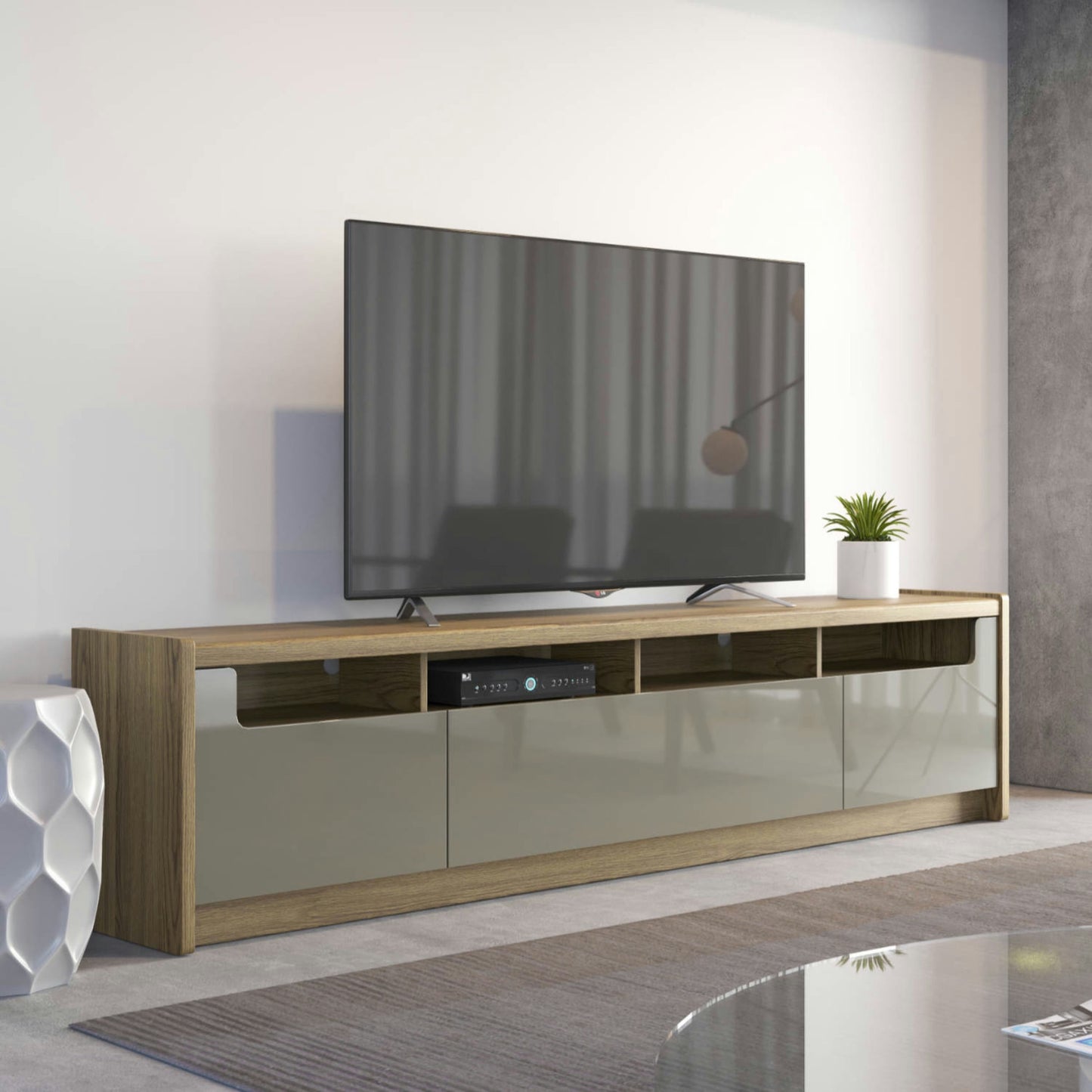 Munoz 72.83" TV Stand with 3 Compartments and Media Shelves in Grey Gloss