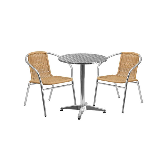 23.5'' Round Aluminum Indoor-Outdoor Table Set with 2 Beige Rattan Chairs