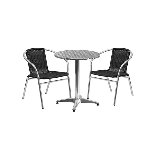 23.5'' Round Aluminum Indoor-Outdoor Table Set with 2 Black Rattan Chairs