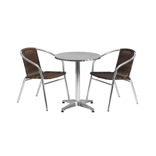 23.5'' Round Aluminum Indoor-Outdoor Table Set with 2 Dark Brown Rattan Chairs