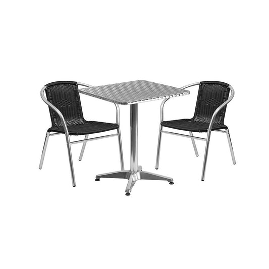 23.5'' Square Aluminum Indoor-Outdoor Table Set with 2 Black Rattan Chairs