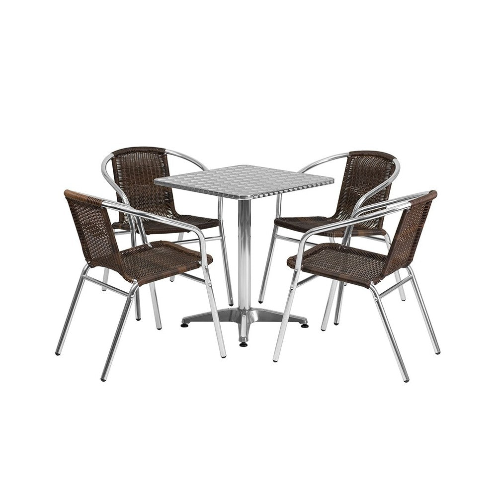 23.5'' Square Aluminum Indoor-Outdoor Table Set with 4 Dark Brown Rattan Chairs