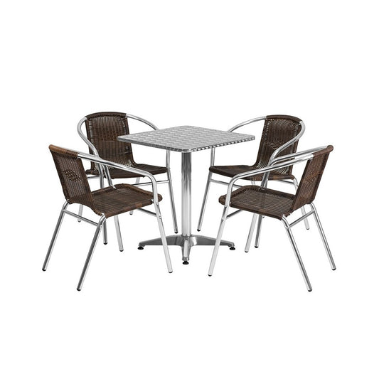 23.5'' Square Aluminum Indoor-Outdoor Table Set with 4 Dark Brown Rattan Chairs