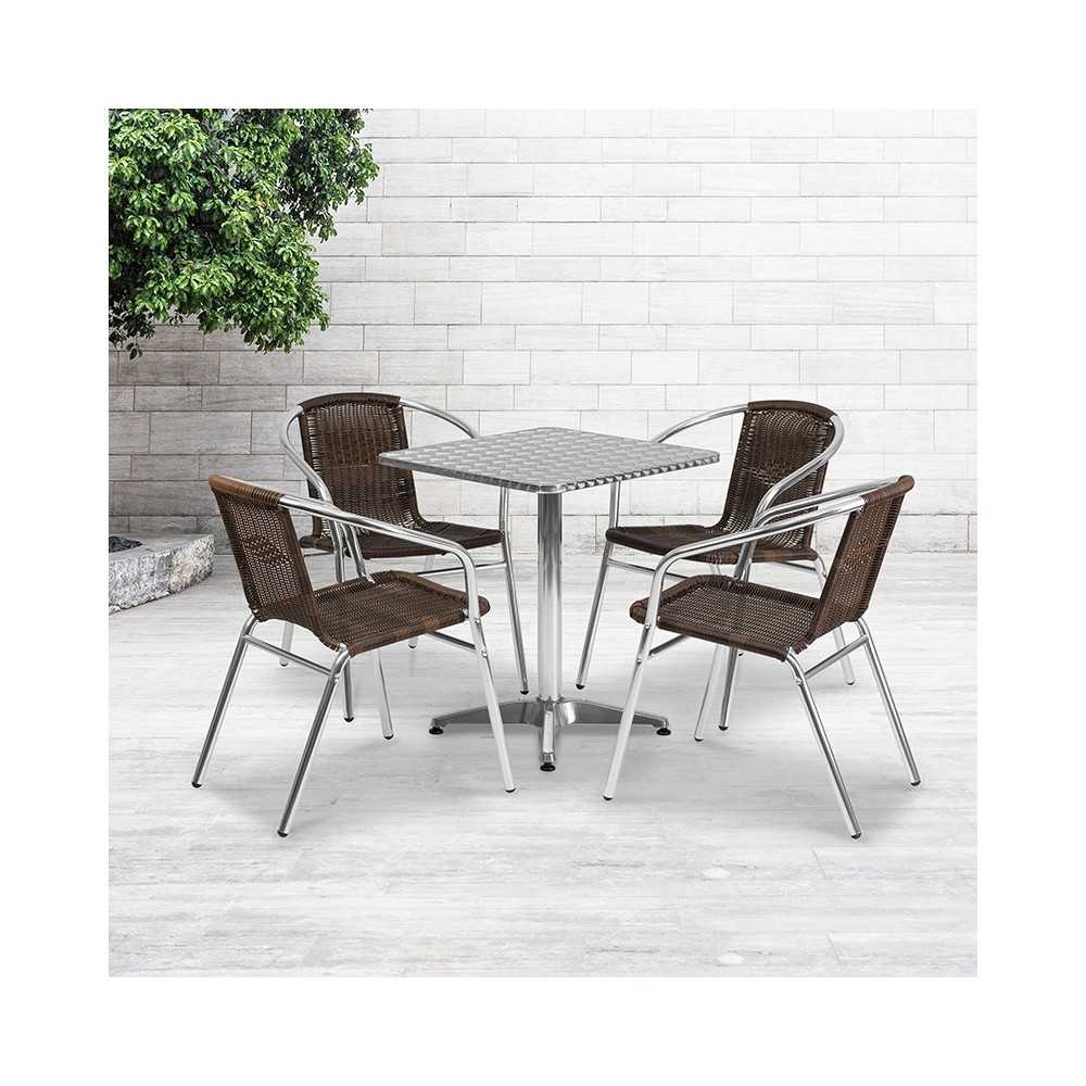 23.5'' Square Aluminum Indoor-Outdoor Table Set with 4 Dark Brown Rattan Chairs