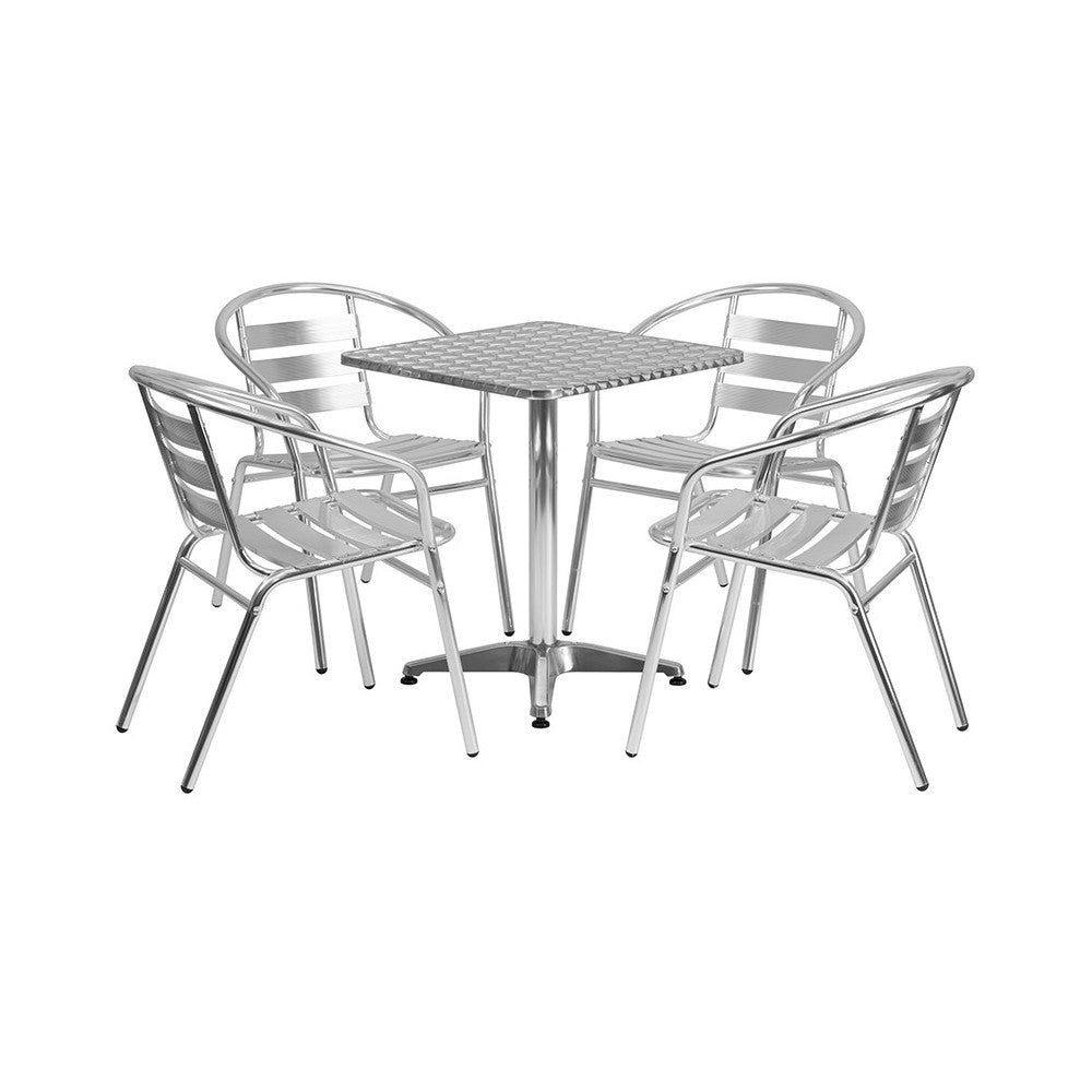 23.5'' Square Aluminum Indoor-Outdoor Table Set with 4 Slat Back Chairs