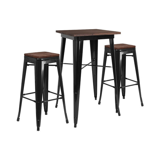 23.5" Square Black Metal Bar Table Set with Wood Top and 2 Backless Stools