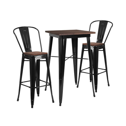 23.5" Square Black Metal Bar Table Set with Wood Top and 2 Stools