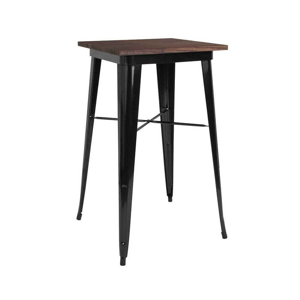 23.5" Square Black Metal Indoor Bar Height Table with Walnut Rustic Wood Top