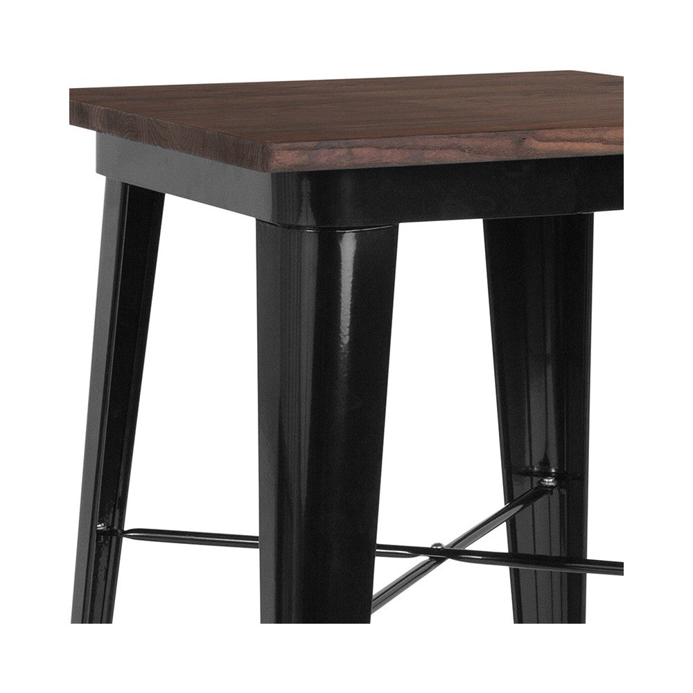 23.5" Square Black Metal Indoor Bar Height Table with Walnut Rustic Wood Top