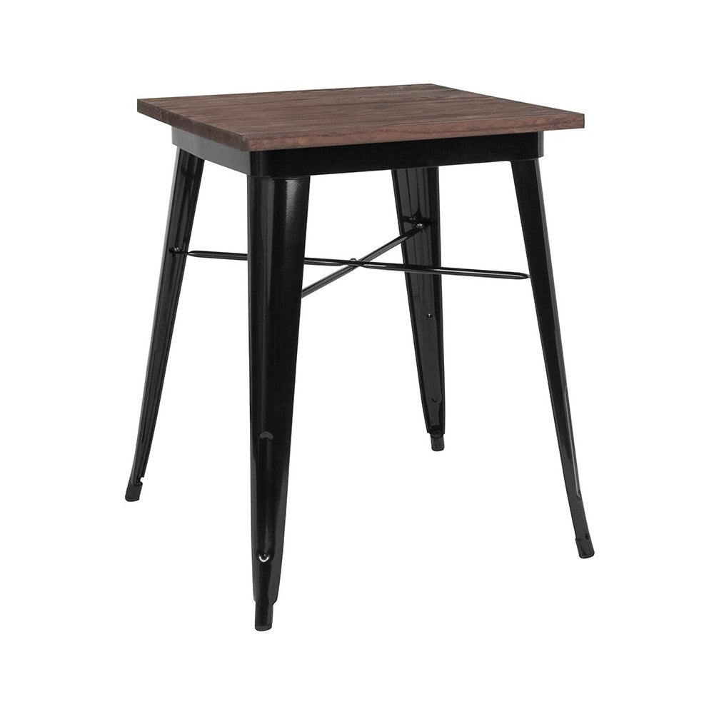 23.5" Square Black Metal Indoor Table with Walnut Rustic Wood Top