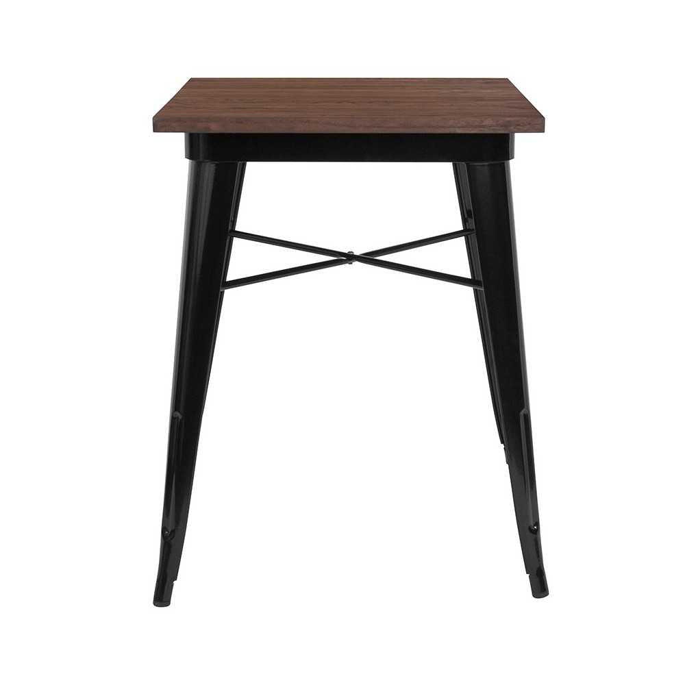 23.5" Square Black Metal Indoor Table with Walnut Rustic Wood Top