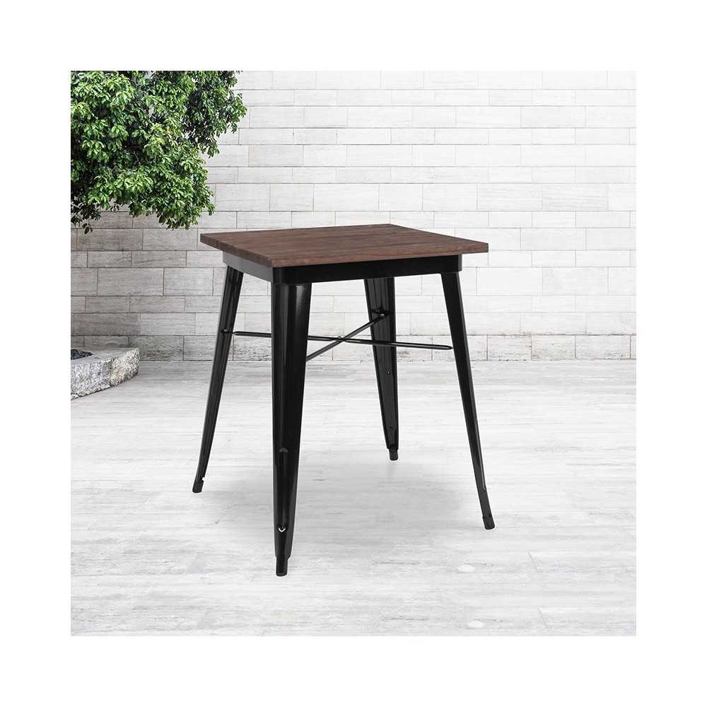 23.5" Square Black Metal Indoor Table with Walnut Rustic Wood Top