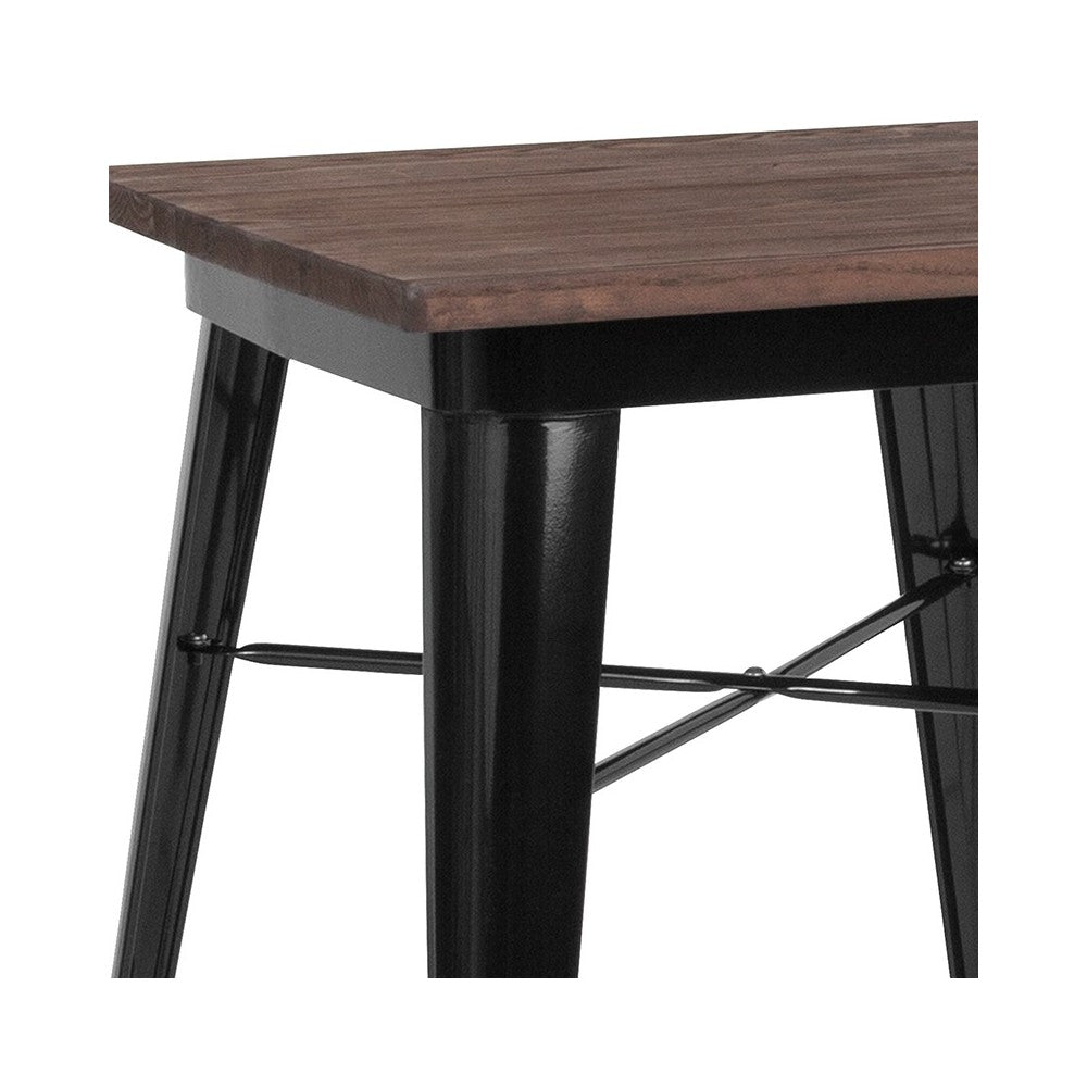 23.5" Square Black Metal Indoor Table with Walnut Rustic Wood Top