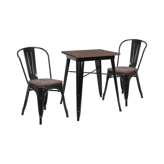 23.5" Square Black Metal Table Set with Wood Top and 2 Stack Chairs