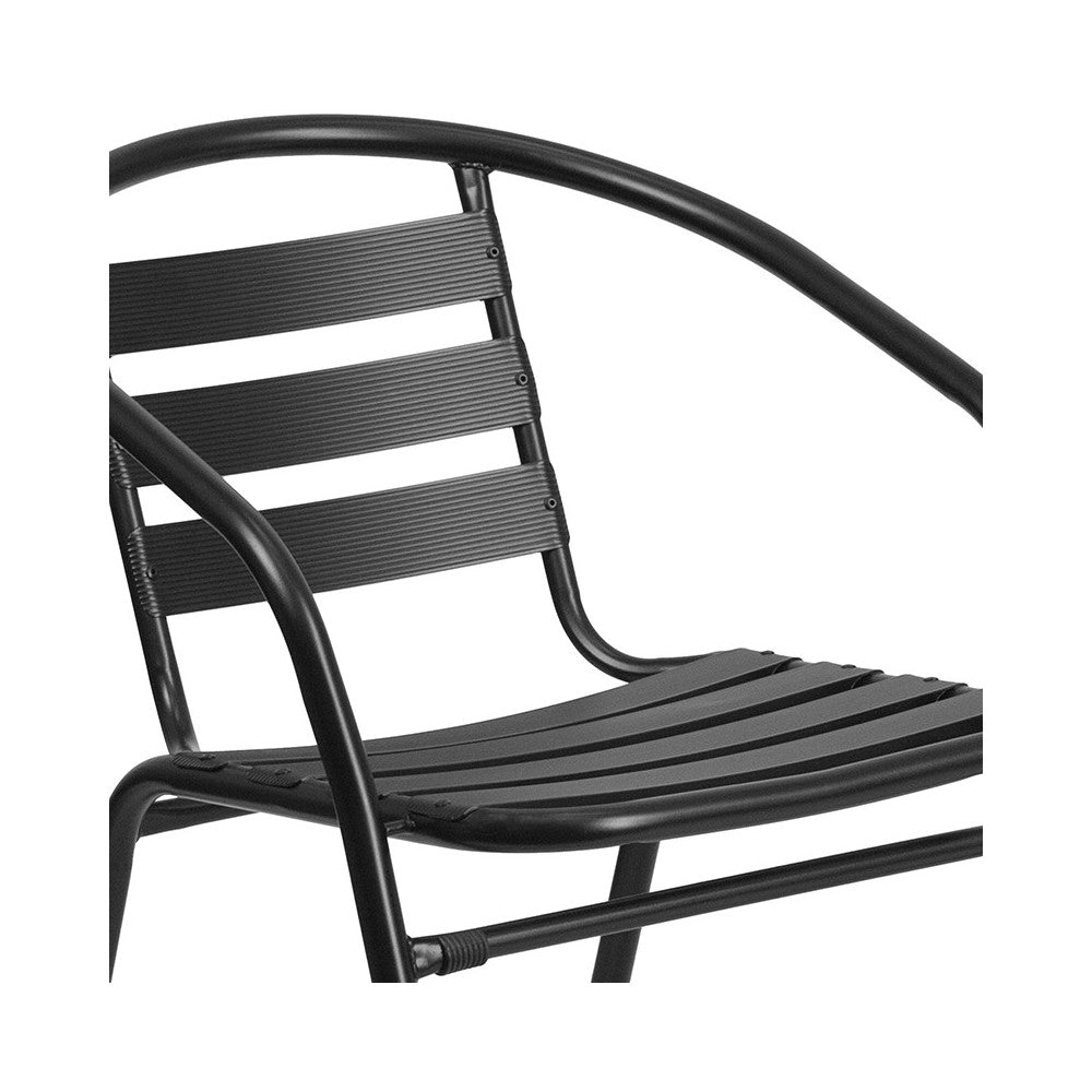 23.5'' Square Glass Metal Table with 2 Black Metal Aluminum Slat Stack Chairs