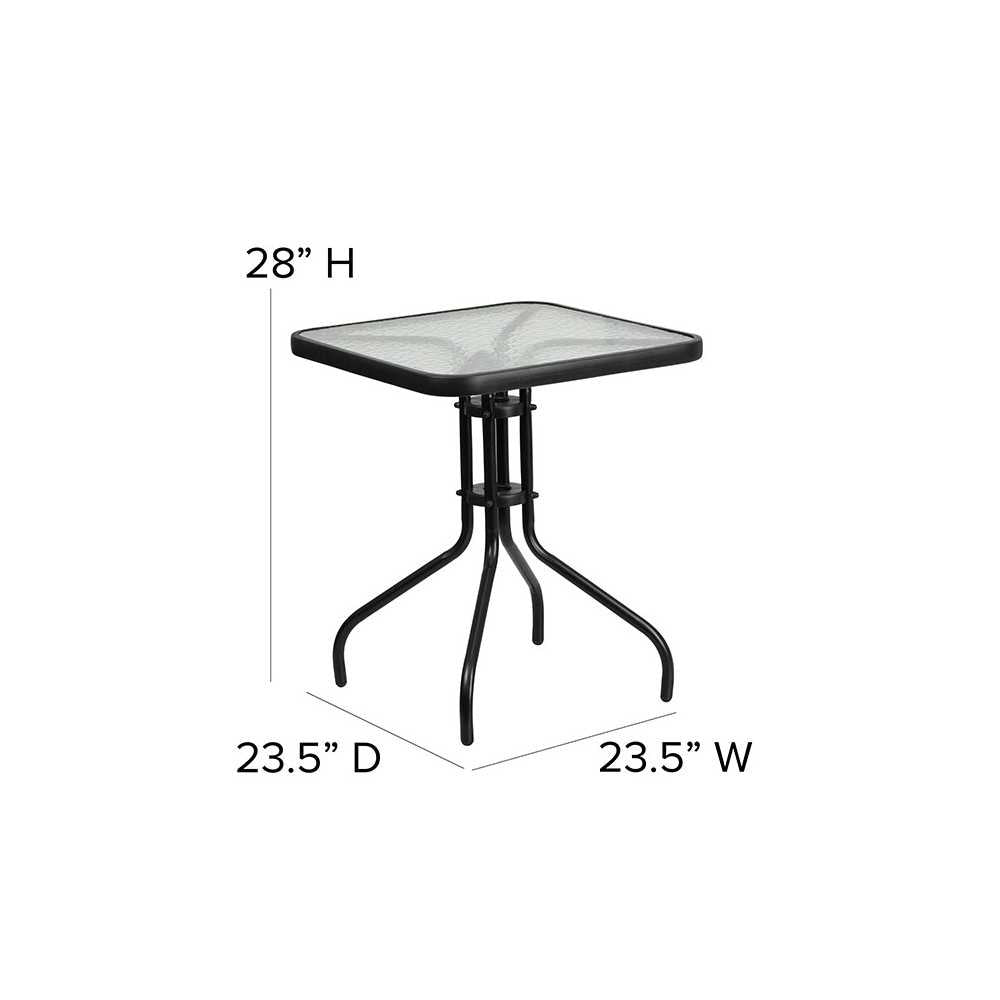 23.5'' Square Glass Metal Table with 2 Black Metal Aluminum Slat Stack Chairs