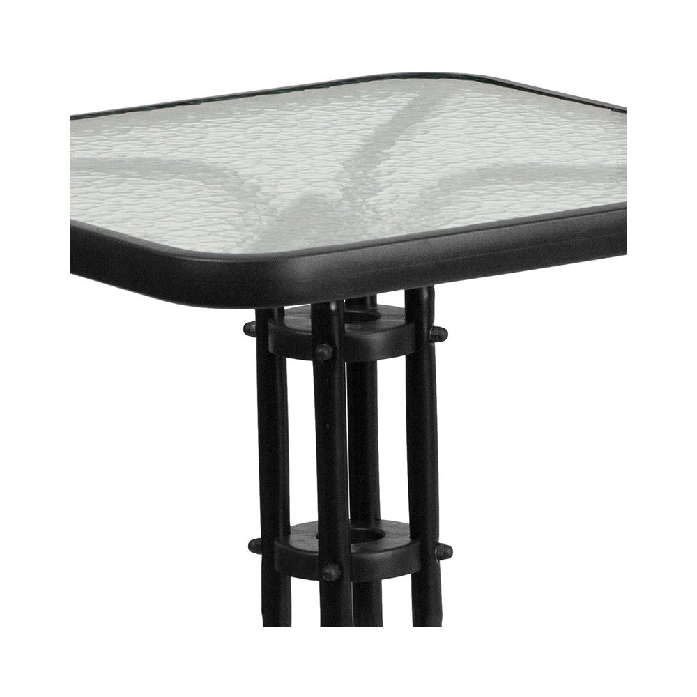 23.5'' Square Glass Metal Table with 2 Black Metal Aluminum Slat Stack Chairs