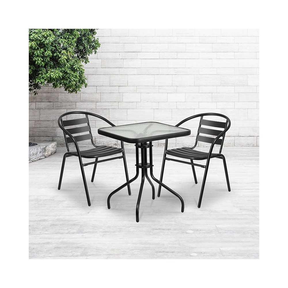 23.5'' Square Glass Metal Table with 2 Black Metal Aluminum Slat Stack Chairs