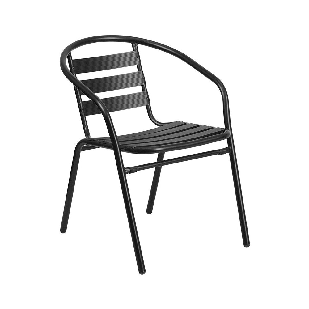 23.5'' Square Glass Metal Table with 2 Black Metal Aluminum Slat Stack Chairs