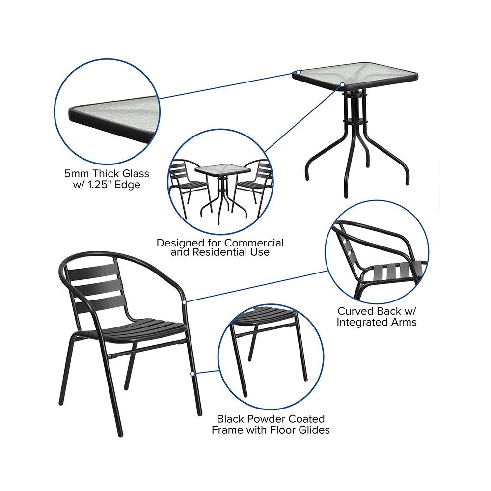 23.5'' Square Glass Metal Table with 2 Black Metal Aluminum Slat Stack Chairs