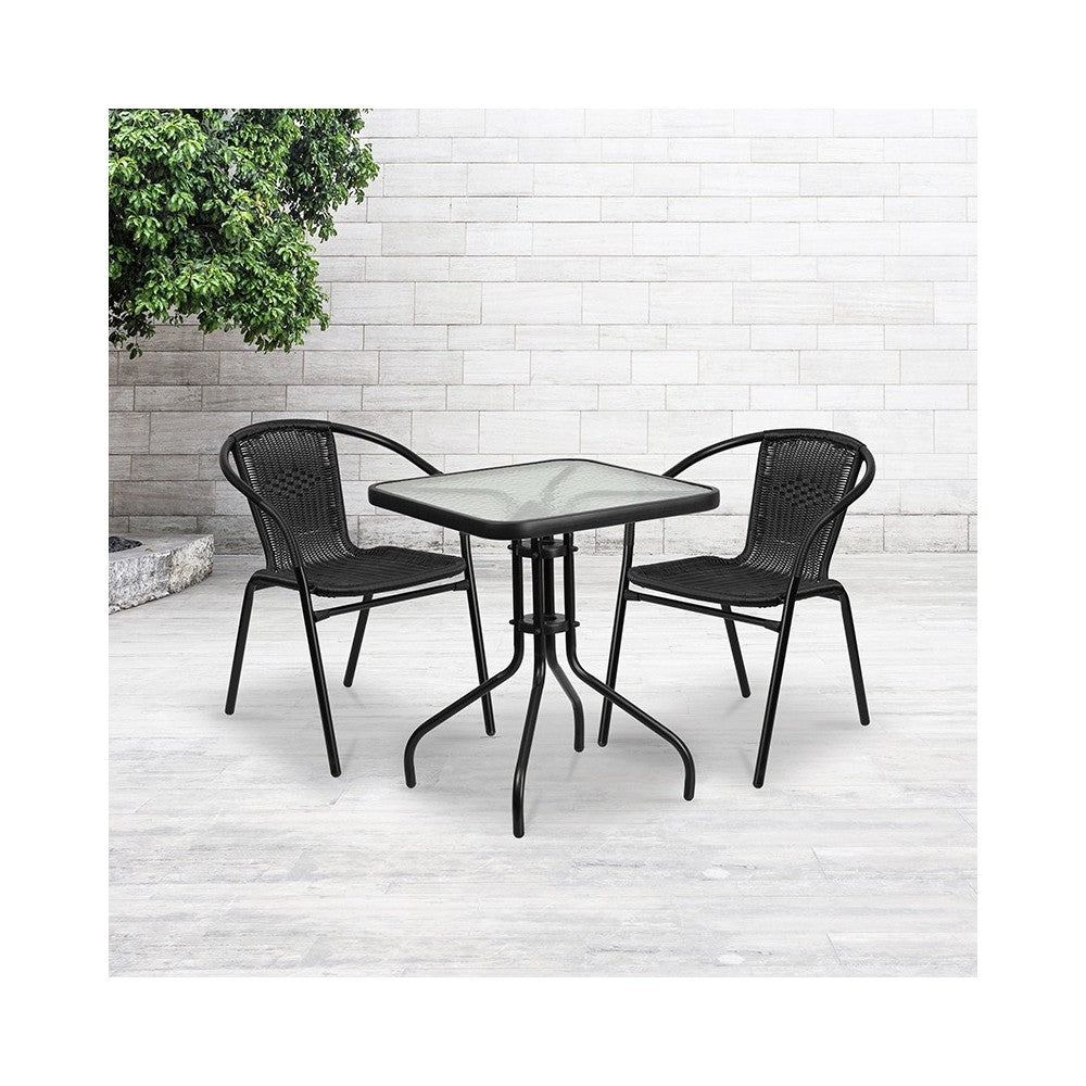 23.5'' Square Glass Metal Table with 2 Black Rattan Stack Chairs
